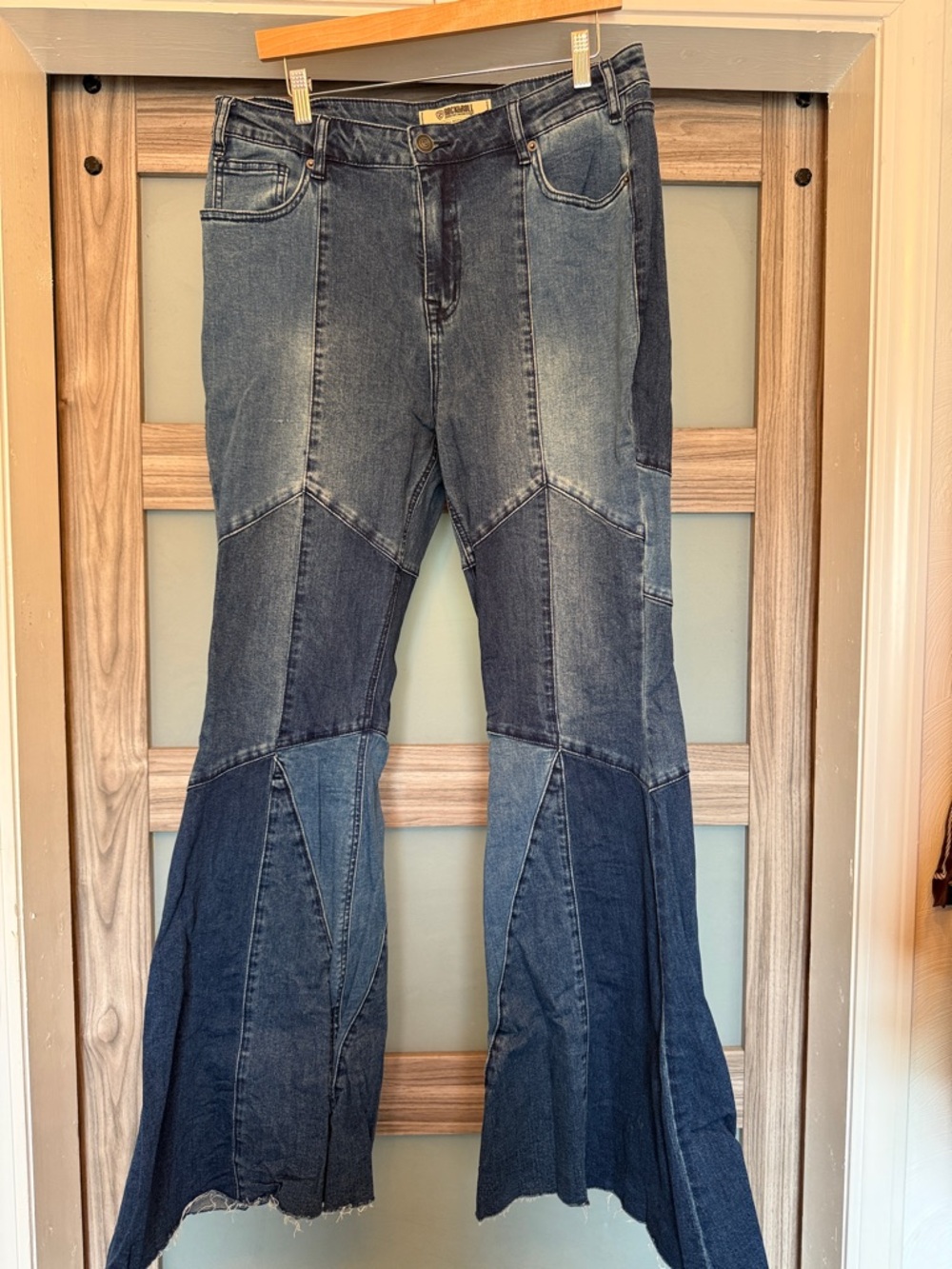 Patchwork Flare Jeans in Mixed Blue Denim